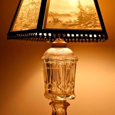 lamp with electrified, glass whale oil lamp base and landscape frosted glass relief panel shade