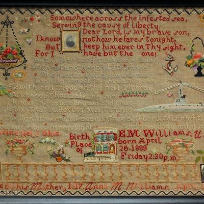 commemorative sampler made by Mrs. Williams to honor her son's service in the Navy