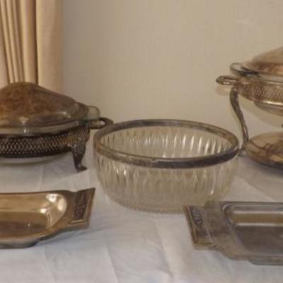 ECT017 Silver Plated Chafing Dish, Lidded Server, Etched Glass Bowl 