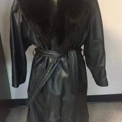 Black Leather Trench Coat with Fur Trim