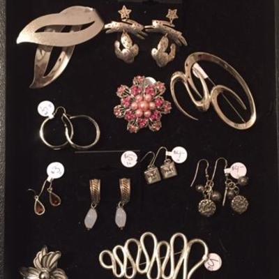 Silver and Silver Tone Brooches, Earrings and Artist Pieces