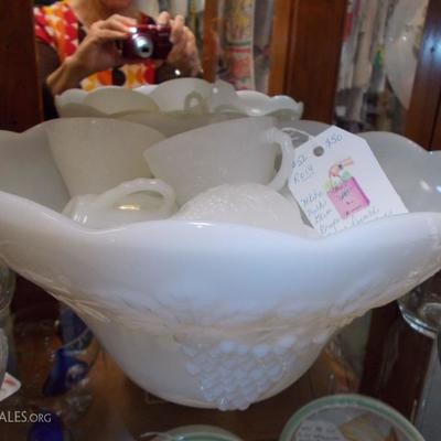 Milk Glass punch bowl and cups $50