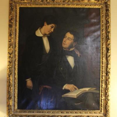 Scholarly father and son. 19th Century oil on canvas painting with original plaster frame. Has some condition issues. See photos or email...