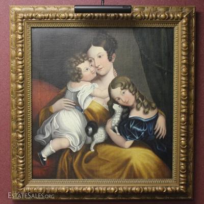 A 20th century oil on canvas painting of mother, two children, and dog. It has been re-stretched. The frame was made in Italy. Sticker on...