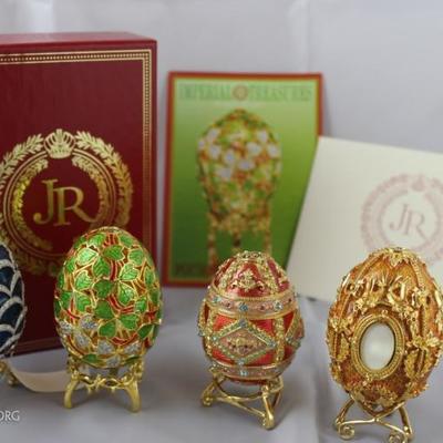 Imperial Treasures by Joan Rivers. Four seasons of eggs: Autumn egg w/stand, Summer egg w/stand, Winter egg w/stand, Spring egg w/stand.
