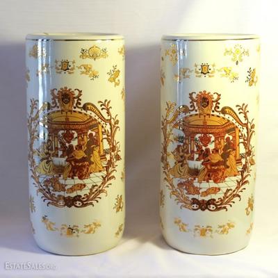 Pair of tall hand painted cylinder vases. Size: 17.5