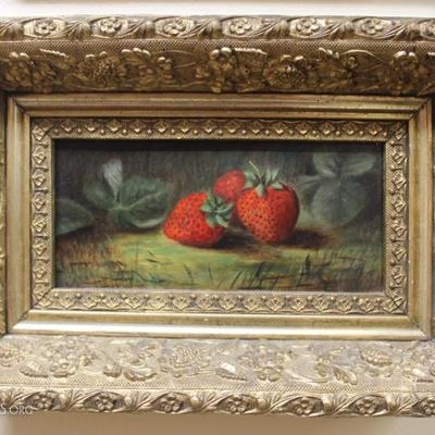 18th century still life of strawberries. Oil on board in original frame. 
Approx. 8