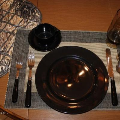 Service for 12 Fitz and Floyd (bone china, black) Dinner plates and saucers. Only the china plates are included, other items depicted in...