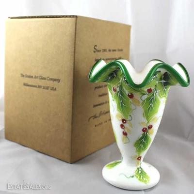 Fenton - 100 year celebration milk glass vase with holly design in the box. Measures 6.5