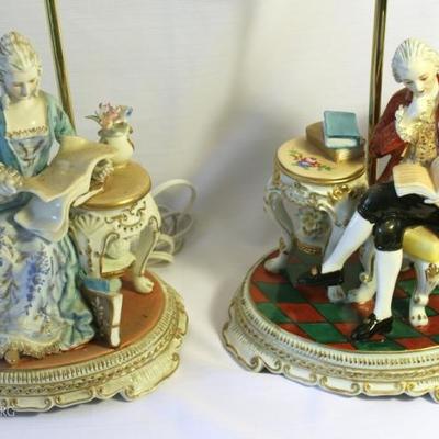 Pair of French inspired, quality porcelain figures as bases to lamps. One male and one female figures. Size: 11