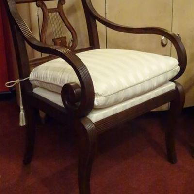 PAIR THOMASVILLE DUNCAN PHYFE STYLE ARMCHAIRS, LYRE BACKS, CURLED ARMS, PALE GOLD UPHOLSTERY