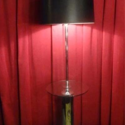 MODERN CHROME FLOOR LAMP WITH TABLE, BLACK DRUM SHADE, ROUND GLASS TABLE TOP
