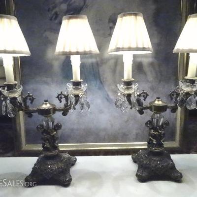 PAIR ORNATE FIGURAL LAMPS WITH CRYSTAL DROPS