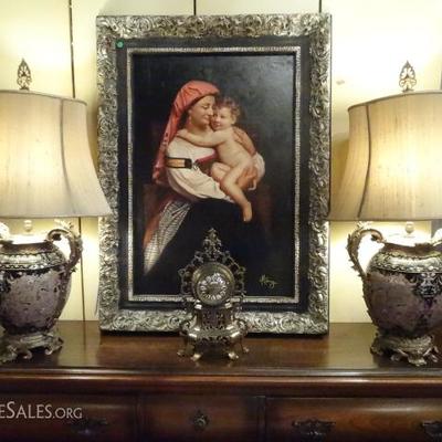 PAIR LARGE PORCELAIN AND GILT BRONZE TABLE LAMPS