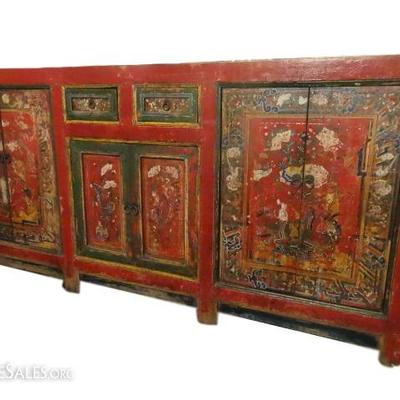 ANTIQUE MONGOLIAN CHEST, RED WITH FLORALS, 2 DRAWERS, 3 CABINETS