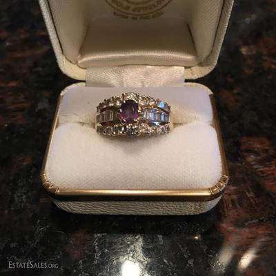 18K gold Alexandrite (Russian), 18 round diamonds/12 baggets.  ASK to see this ring. $3,500
