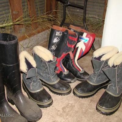 Sorell snow boots, some motorcycle boots, rubber boots