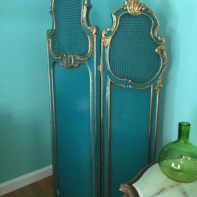 Aqua and gold leaf room divider. You can also see here another French antique Louis XVI marble top side table, this one rectangular.