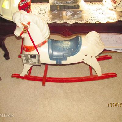 VINTAGE AND VERY COLORFUL ROCKING ROCKER HORSE WITH FIREMAN THEME