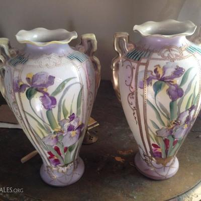 Nippon vases with Iris pattern one cracked on back side