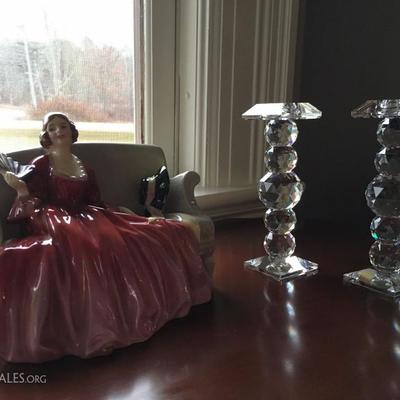 Swarovski Crystal Candle Holder Pair, Royal Doulton 'Sweet and Twenty' Figurine 