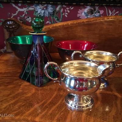 Sterling Sugar and Creamer, Sterling Bowls with Colored Enamel