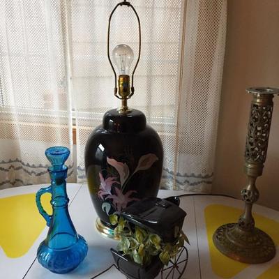 lamps, candle sticks and decanter