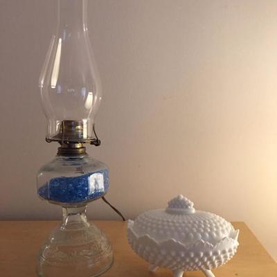 MIlk glass dish and Hurricane lamp