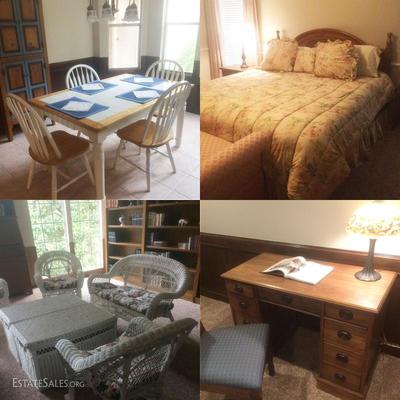 dining table, bed, wicker furniture, vintage desk