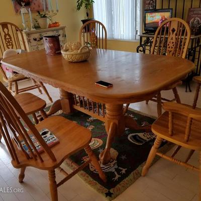 Oak trestle table with splat-back chairs