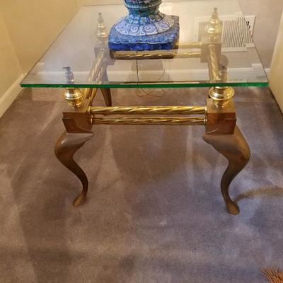 Hollywood Regency brass and glass end table. A matching coffee table will be brought out of storage.