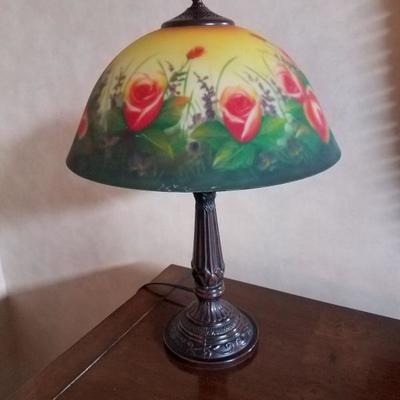 Metal lamp with painted glass shade