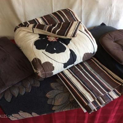 Lot # 6 - Queen comforter, bed skirt, rug, brown throw blanket, brown cushion, king pillow $ 40.00