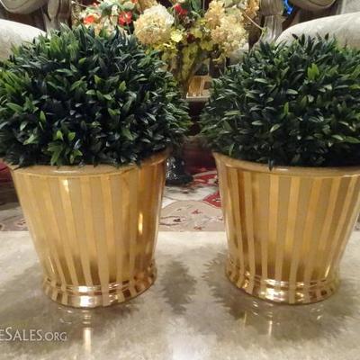 PAIR FAUX FOLIAGE IN GOLD CERAMIC PLANTERS