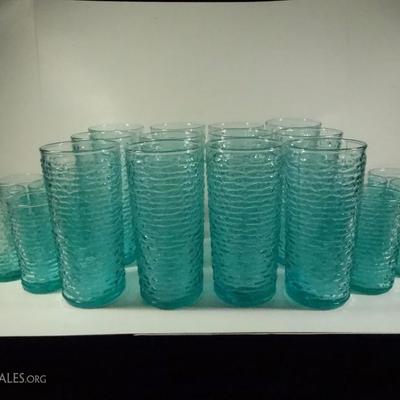 22 PIECE MID CENTURY MODERN GLASSES IN AQUA COLOR GLASS
