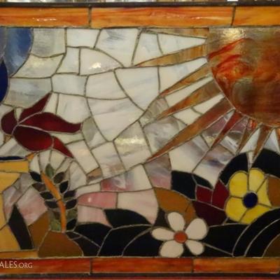 ORIGINAL STAINED GLASS PANEL, SUN AND FLOWERS