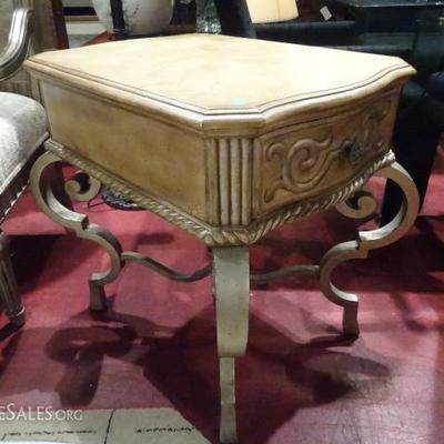 ORNATE SIDE TABLE WITH DRAWER AND SILVER METAL BASE