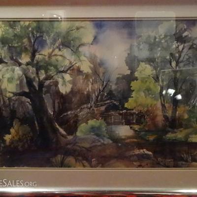 LARGE WATERCOLOR PAINTING, FOREST SCENE WITH BRIDGE, SIGNED K. BLEACH, 1969