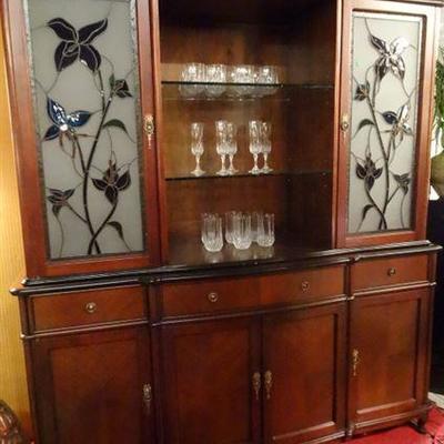 VINTAGE BREAKFRONT CHINA CABINET WITH STAINED GLASS PANELS
