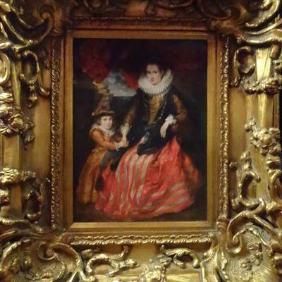 OIL ON BOARD PAINTING, NOBLE WOMAN WITH CHILD, IN ORNATE GILT WOOD FRAME