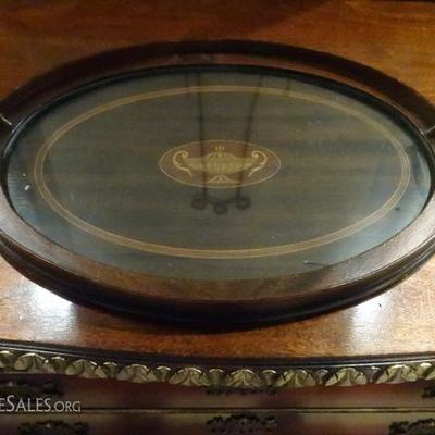 MARQUETRY WOOD TRAY WITH BRASS HANDLES