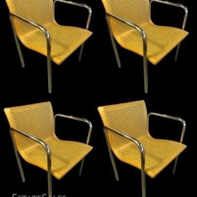 SET OF 4 CHROME AND WOOD ARM CHAIRS, MADE IN ITALY