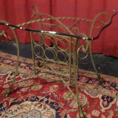 ORNATE METAL WINE BAR TABLE WITH BOTTLE RACK AND GLASS TOP