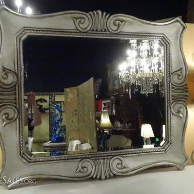 LARGE SILVER FINISH MIRROR WITH WOOD FRAME