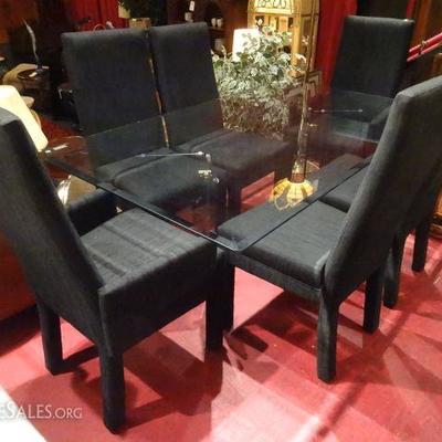 GLASS DUAL PEDESTAL DINING TABLE WITH 6 BLACK CHAIRS