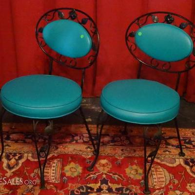 PAIR CAFE CHAIRS WITH NEW TURQUOISE VINYL UPHOLSTERY