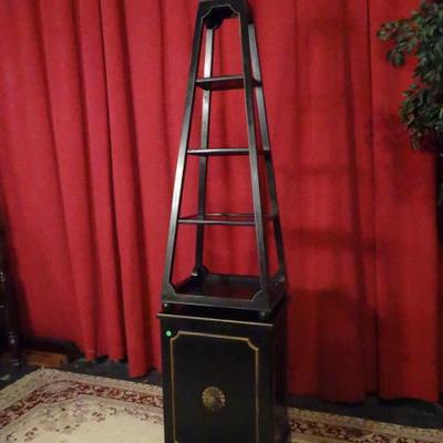 BLACK AND GOLD ETAGERE WITH CABINET BASE