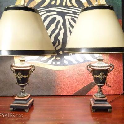 PAIR METAL AND MARBLE URN STYLE LAMPS