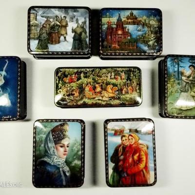COLLECTION OF 7 HAND PAINTED RUSSIAN LACQUER BOXES, SIGNED BY ARTIST