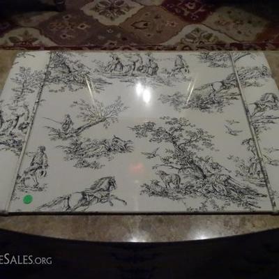 TOILE UPHOLSTERED DESK BLOTTER WITH GLASS INSET TOP